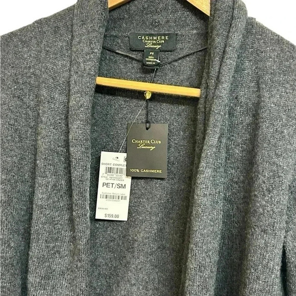 Charter Club Luxury Open Front Cashmere Cardigan Sweater Gray Small Petite NWT - Picture 3 of 8